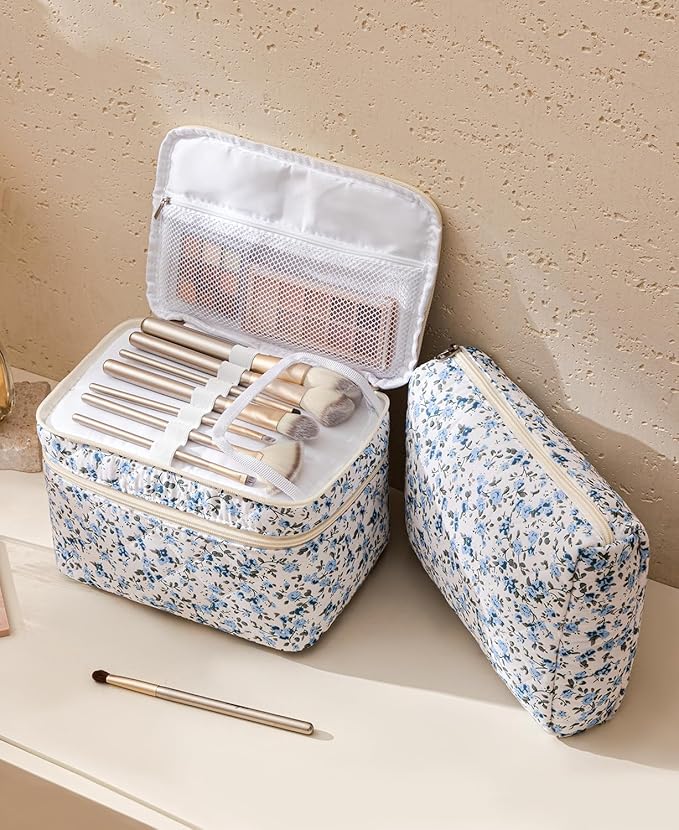 HBselect 2Pcs Travel Makeup Bag, Large Cotton Quilted Makeup Bag Cosmetic Bag Cute Make up Bag Toiletry Bags for Women Girls