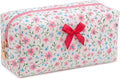 Floral Cotton Makeup Brush Cosmetic Bag for Women, Travel Quilted Zipper Pouch, Large Capacity Flowers Toiletry Organizer, Kawaii Makeup Storage Case, Cosmetic Travel Cloth Bag-Rose Red Floral