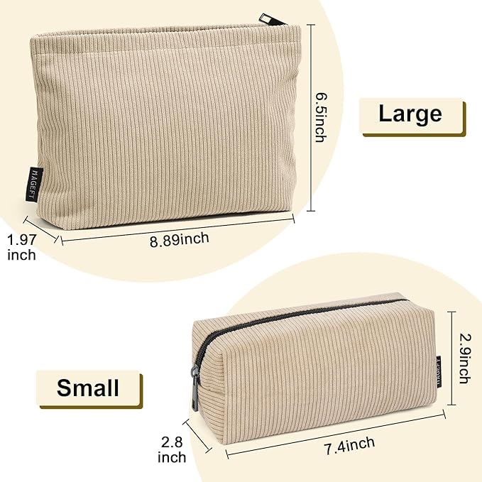 MAGEFY Small Makeup Bag, 2 PCS Corduroy Make up Bag for Purse Large Capacity Travel Cosmetic Bag for Women Zipper Makeup Pouch for Travelling Preppy Stuff - Beige