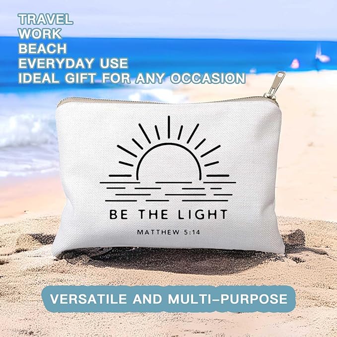 Be The Light Matthew 5:14 Gift Makeup Case Believe Cosmetic Bag Self Love Religious Makeup Pouch Linen Cotton Bag Vintage Christian Bible Verse Sunshine Inspirational Gift
