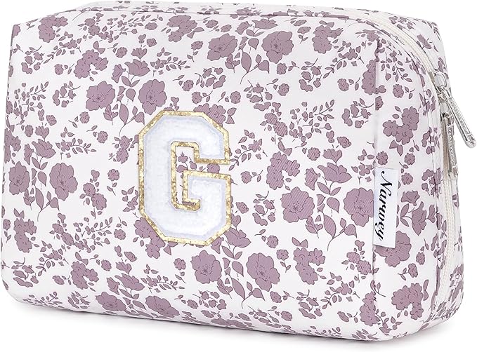 Narwey Birthday Gifts for Teen Girls Kids Women Personalized Initial Floral Makeup Bag Cute Cosmetic Trendy Stuff 6 8 10 11 12 13 14 16 18 Years Old Travel Toiletry Bag (Little Dusty Pink Flower G)
