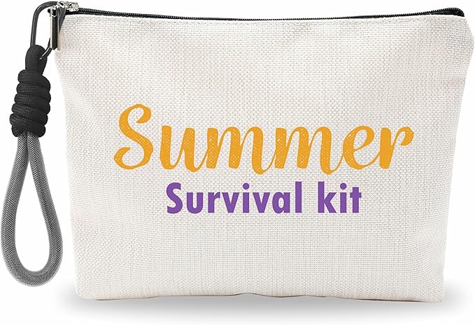 Funny Make Up Bag For Woman, Cosmetic Bag With Hand Strap- Retro Summer Survival Kit - Lined Toiletry Bag - Travel Pouch, Girl Organizer With Zipper, Women Essentials & Accessories - B06