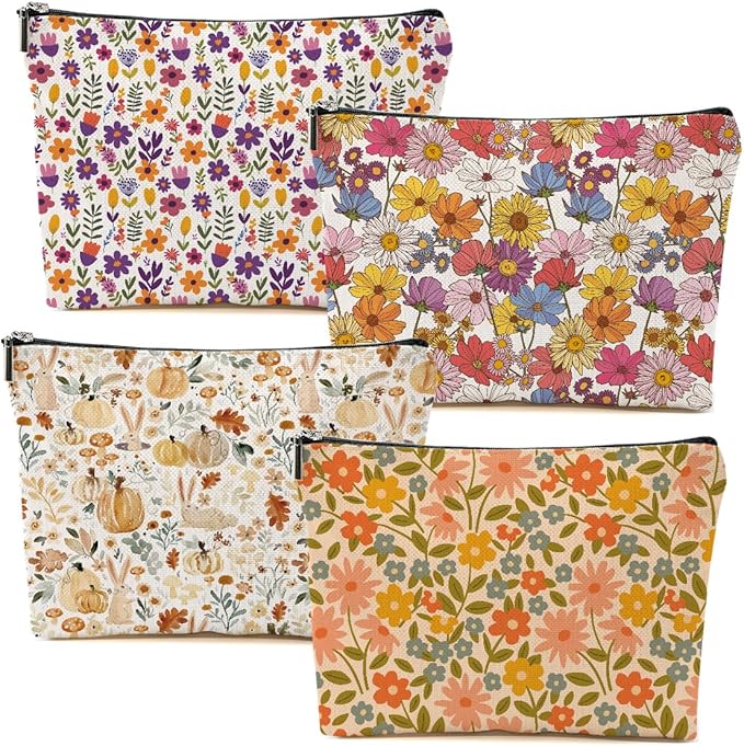 4 Packs Retro Flowers Makeup Bag Floral Pumpkin Rabbit Cosmetic Bag Friend Friendship Gifts for Women Girls Sister Mom Botanical Travel Organizer Zipper Pouch Christmas Thanksgiving Birthday Gifts