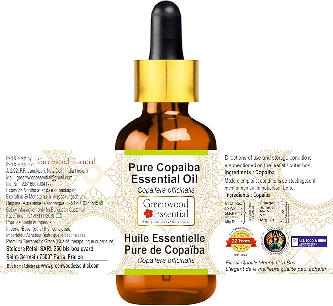 Greenwood Essential Pure Copaiba Essential Oil (Copaifera officinalis) with Glass Dropper Steam Distilled 100ml (3.38 oz)