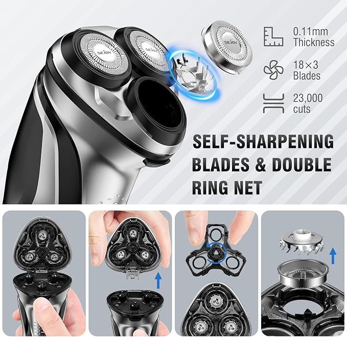 Sejoy Electric Shavers for Men, Mens Electric Razors Cordless, Rechargeable Razor with Pop-up Trimmer, Portable Travel Shavers Waterproof IPX7, 3D Floating Head, USB Charging