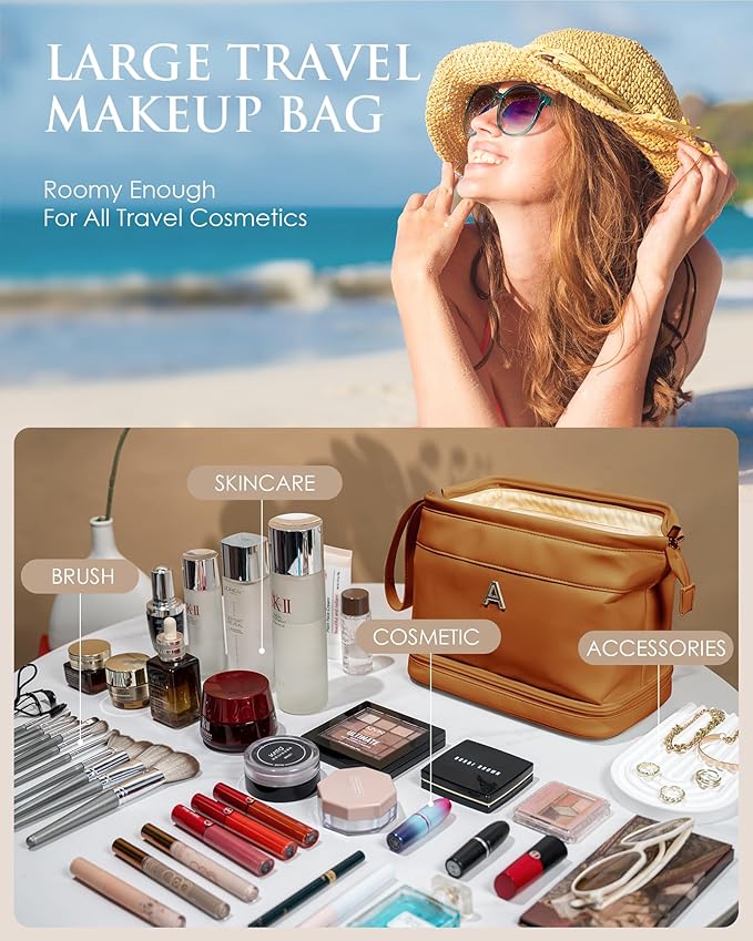 Bridal Shower Gifts, Personalized Makeup Bag, Monogrammed Gifts, Initial Double Layer Cosmetic Bag with Makeup Brush Organizer, Travel Toiletry Bag, Gifts for Friends Female, Teen Girl Gifts