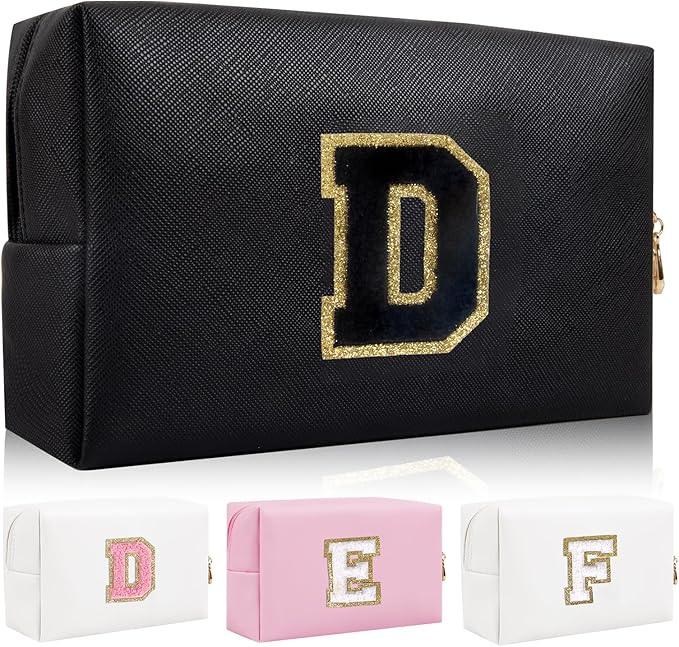 Personalized Initial Letter Patch Makeup Bag, Preppy Portable Chenille Cosmetic Bag with Zipper, PU Leather Waterproof Travel Toiletry Bag Monogram Make Up Pouch for Women Girls