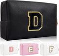 Personalized Initial Letter Patch Makeup Bag, Preppy Portable Chenille Cosmetic Bag with Zipper, PU Leather Waterproof Travel Toiletry Bag Monogram Make Up Pouch for Women Girls