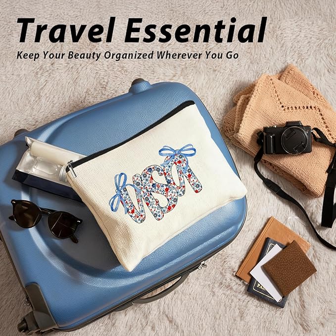 Retro Floral USA 4th of July Makeup Bag, America Patriotic Cosmetic Bags for Women, Red White and Blue Bow USA Toiletry Bag for Women, cosmetic bag, makeup case