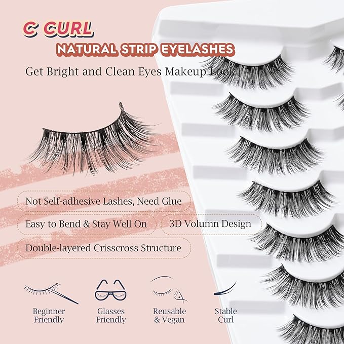 Lashes Wispy False Eyelashes Natural Volume Fluffy Lashes 12MM Strip Eyelashes with Thin Band C Curl Eyelashes False Eye Lashes Pack 7 Pair Siligli