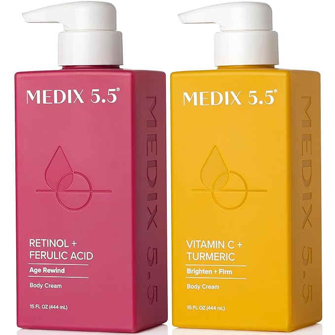 Medix 5.5 Retinol Body Cream + Vitamin C Lotion Anti Aging Moisturizer Skincare Set, Retinol Lotion Targets Wrinkles, Sagging Skin, Crepey Skin, Vitamin C Cream Brightens & Hydrates Dry Skin, Bundle