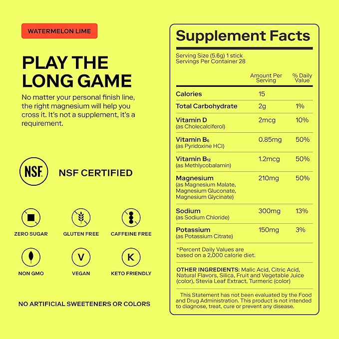 MAGNA Electrolytes Powder Drink Mix for Hydration, Energy & Focus Support with Magnesium L Threonate, Sodium, Potassium, Vitamin D, B6 & B12, Sugar Free, Watermelon Lime Flavor, 7 Servings