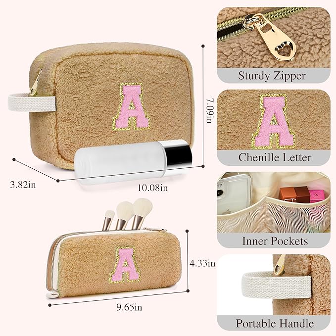for Christmas Day Gifts, Personalized Initial Cosmetic Bag Pouch for Teen Girls, Preppy Makeup Travel Bags for Daughter Sister Girlfriend, Monogramed Make Up Pouch for Birthday Gifts - Brown U