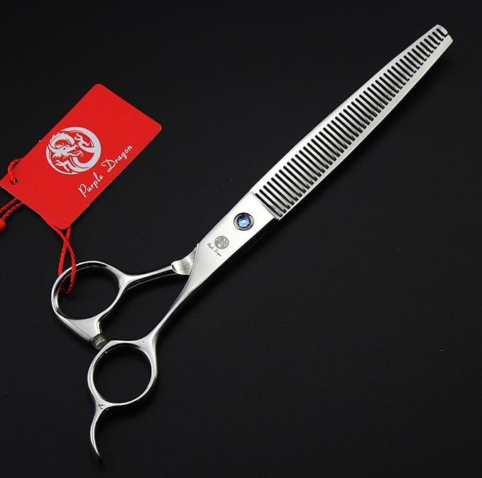 Purple Dragon 8 inch 3 in 1 Professional Pet Grooming Thinning Scissors - Upward Curved Shears and Dog Hair Cutting Scissor - Perfect for Pet Groomer or Family DIY Use (Silver)