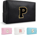 Personalized Initial Preppy Makeup Bag Organizer, Black Small Monogram Cosmetic Bag Travel Toiletry Zipper Pouch for Women, PU Leather Waterproof Make Up Case Proposal Gift for Brides Female(Letter P)