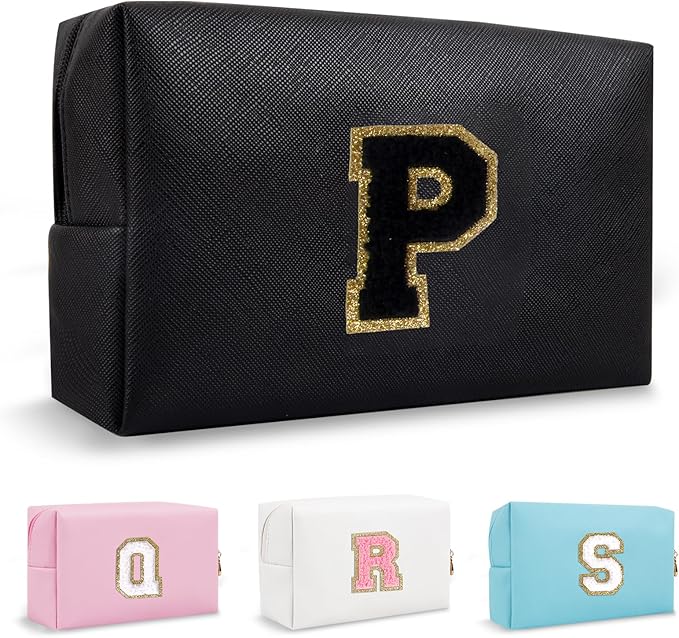Personalized Initial Preppy Makeup Bag Organizer, Black Small Monogram Cosmetic Bag Travel Toiletry Zipper Pouch for Women, PU Leather Waterproof Make Up Case Proposal Gift for Brides Female(Letter P)