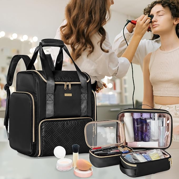 Large Makeup Backpack with 3 Clear Makeup Bags, Double Layers Professional Makeup Travel Case with Brushes Storage Section for Makeup Artists