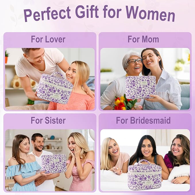 3Pcs Cotton Quilted Makeup Bag for Women Girls Large Small Travel Portable Cosmetic Bag Set Cute Purple Floral Zipper Make Up Pouch Coquette Aesthetic Storage Toiletry Organizer Case