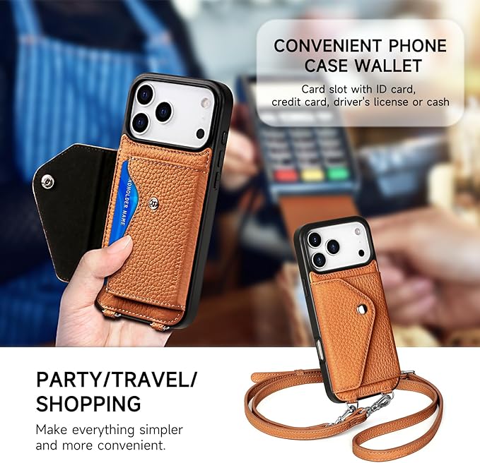 LUCKYCOIN Crossbody Wallet Phone Case for iPhone 17 Pro Max,100% Genuine Leather Wallet Phone Case with Expandable Flip Card Holder,Phone Purse for Women with Adjustable Removable Strap - Pebble Brown