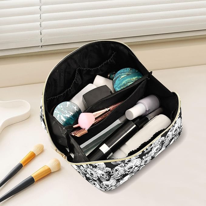 Makeup Organizer Bag, Skull and Flowers Travel Makeup Bags Makeup Vanity Case Large Capacity Rhombus Cosmetic Toiletry Bag for Girl Women Ladies