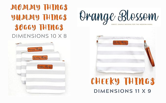 Stylish Diaper Bag Organizing Pouches - XL Set of 4 Gray and White Striped Canvas Diaper Bag Pouches with Leather Embossed Labels, Leather Wristlet Strap & Durable Metal Zippers