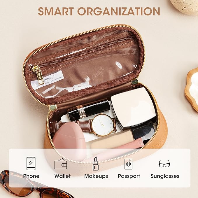 Kattee Makeup Bag for Women, Leather Cosmetic Bag, Working Makeup Bags for Ladies with Handles, Portable Travel Toiletry Bag, Brown