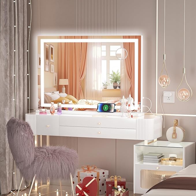 Hasipu Vanity Mirror with Lights, 32" x 20" LED Makeup Mirror, Lighted Makeup Mirror with Dimmable 3 Modes, Touch Screen Control Vanity Mirror Square White