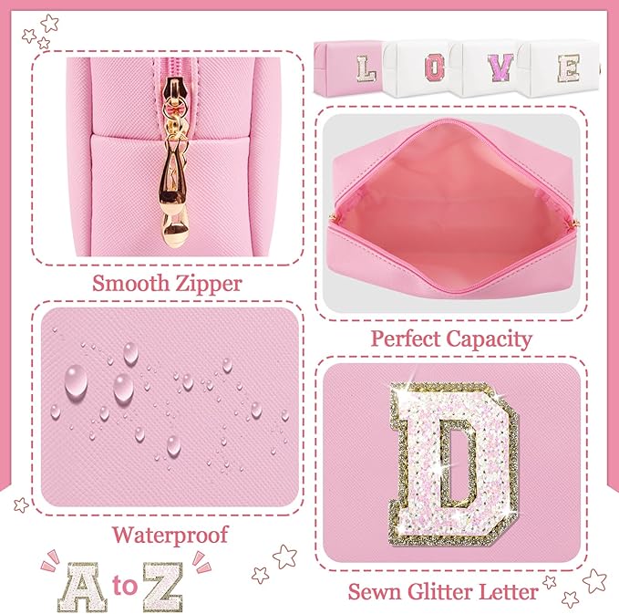 Personalized Initial Letter Makeup Bag, Preppy Glitter Letter Patch Cosmetic Pouch Zipper,PU Waterproof Travel Toiletry Bag Cute Makeup Organizer Monogrammed Make Up Bag,Gift for Women Girls
