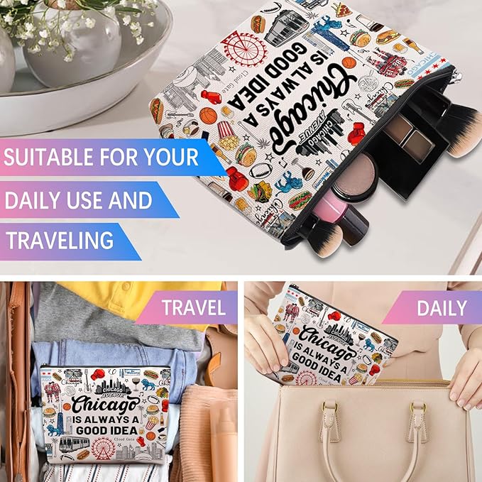 Chicago Travel Souvenirs - Cosmetic Bag, Themed Gifts for Travellers, Women & Friends