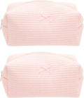 PAZIMIIK 2PCS Cozy Makeup Bag Travel Cosmetic Bag for Women Soft Toiletry Bag Aesthetic Makeup Organizer Portable Large Zipper Pouch for Skincare Beauty Accessories Brushes Waffle Check Light Pink