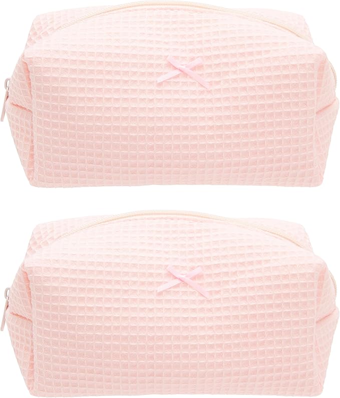 PAZIMIIK 2PCS Cozy Makeup Bag Travel Cosmetic Bag for Women Soft Toiletry Bag Aesthetic Makeup Organizer Portable Large Zipper Pouch for Skincare Beauty Accessories Brushes Waffle Check Light Pink