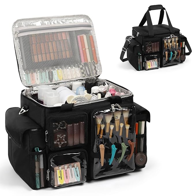 Large Hairstylist Traveling Bag, Hair Tool Organizer with Removeable Dividers, Hairdresser Hair Tools Travel Bag with Multi Pockets, Professional Makeup Artist Bag with Shoulder Strap
