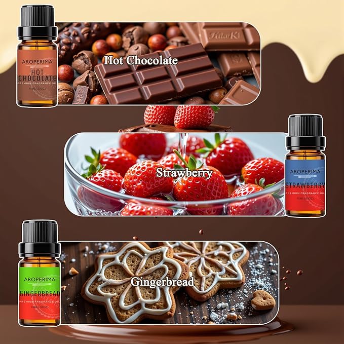 Dessert House Fragrance Essential Oil Set - Cotton Candy, Blueberry Muffin, Hot Chocolate, Bubble Gum, Strawberry, Gingerbread 6x10ML for Diffusers, Massage, Perfume, Soap Making and Candle