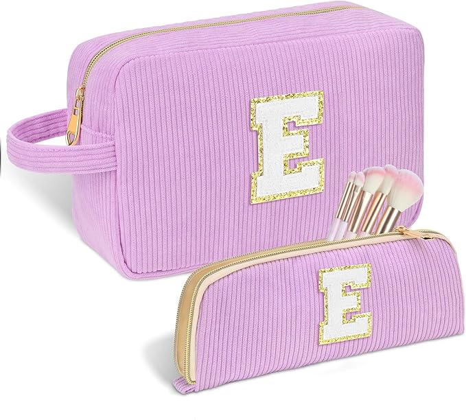 Personalized Initial Makeup Bag Trendy Stuff Corduroy Cosmetic Bag Travel Toiletry Bag for Women, Christmas/Thanksgiving/Halloween Gifts Makeup Organizer Case for Teen Girls Mom Girlfriend Wife.