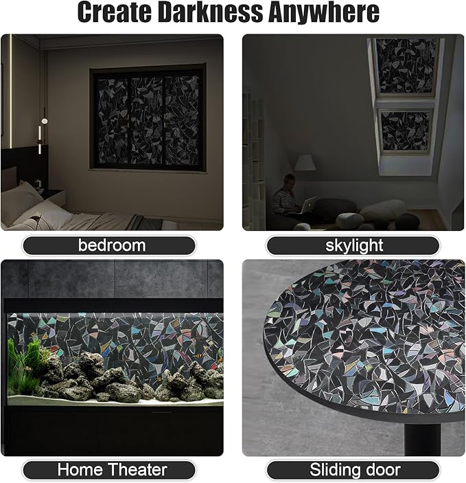 QHY Sunshine Total Blackout Window Film Privacy， Frosted Glass Window Film，Black Window Tint， No Glue， Detachable, no Marks, Suitable for Repeated use (Black Rainbow, 17.5 in X 157.4 in)