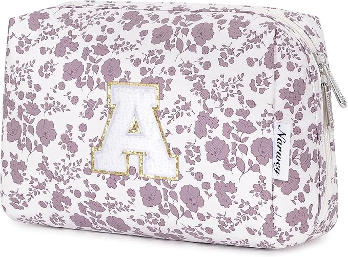 Narwey Christmas Gifts for Teen Girls Kids Women Personalized Initial Floral Makeup Bag Cute Cosmetic Trendy Stuff 6 8 10 11 12 13 14 16 18 Years Old Travel Toiletry Bag (Little Dusty Pink Flower A)