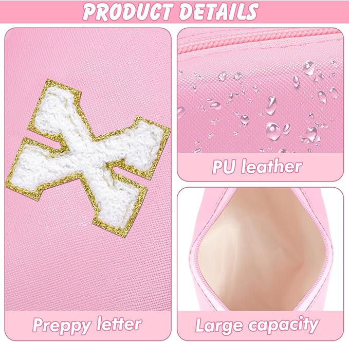 Initial Makeup Bag Personalized Preppy Travel Small Cosmetic Bag Cute PU Pink Chenille Letter Makeup Pouch for Purse Waterproof Zippered Toiletry Organizer for Women Girls Kids Friends (X)