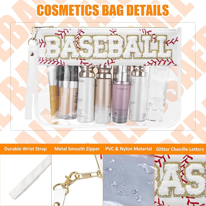 2 Pcs Baseball Gifts Cosmetic Makeup Bag with Chenille Letter Patch, Clear Pouch PVC Organizer Purse, Waterproof Travel Bag, Portable Toiletry Storage Bag for Her Girls Friends Women