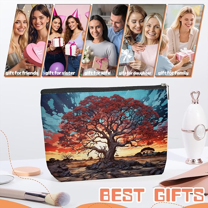 Makeup Bag Travel Cosmetic Bags Small Makeup Case Waterproof Zipper Pouch for Women Girls 7X9inches - Gigantic Red Tree Against A Colorful Sky