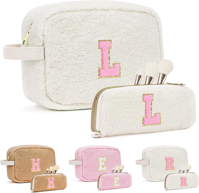 for Christmas Day Gifts, Travel Makeup Bag for Women, Initial Make Up Bag Set for 6 7 8 9 10 11 12 13 Years Old Kids Tween Girls, Large Cosmetic Skincare Bags for Birthday Gifts, White L