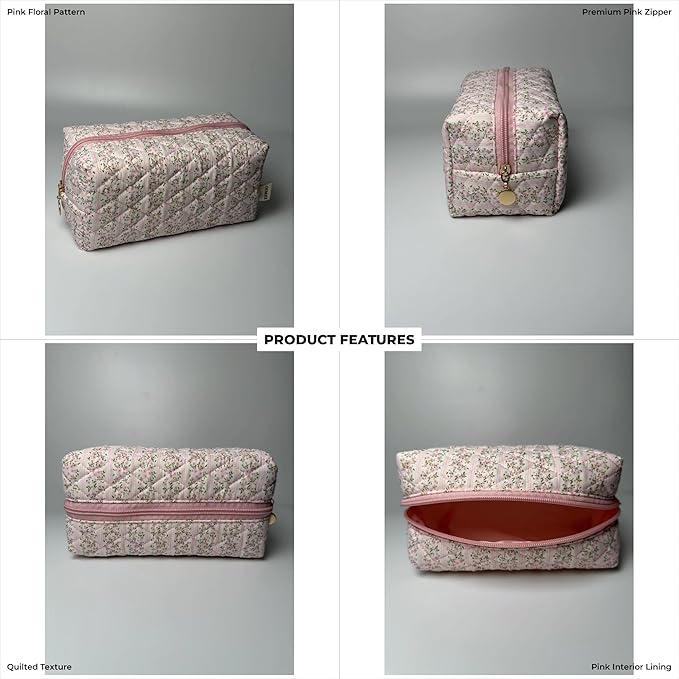 Floral Cotton Makeup Brush Cosmetic Bag for Women, Travel Quilted Zipper Pouch, Large Capacity Flowers Toiletry Organizer, Kawaii Makeup Storage Case, Cosmetic Travel Cloth Bag-Pink Floral