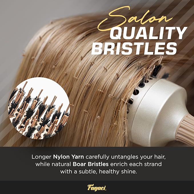 Fagaci Professional Large Round Brush with Natural Boar Bristles for Blow Drying, Nano Technology Ceramic+Ionic for Hair Styling, Volumizing and Healthy Hair - 4 Styling Clips Included