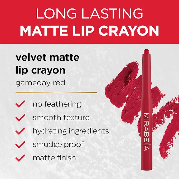 Mirabella - Velvet Matte Lip Crayon, Retractable Highly-Pigmented 2-in-1 Makeup, Long-Lasting Hydrating Lipstick Crayon + Lip Liner, Moisturizing Cream-to-Matte Lipcare Formula, Gameday Red