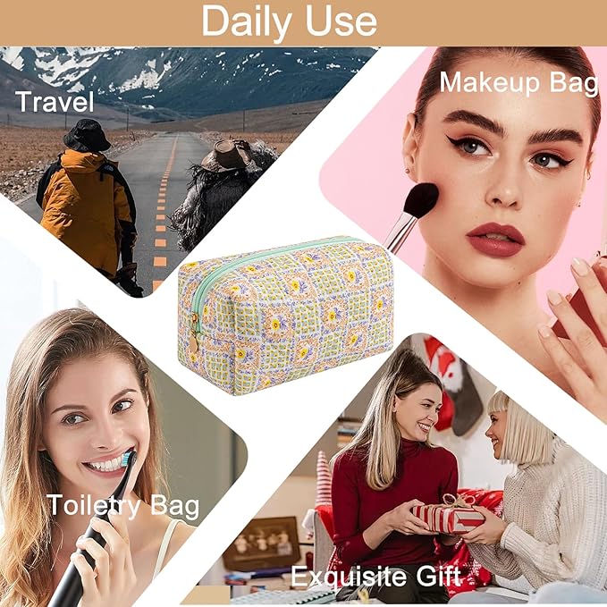 Makeup Bag Travel Cosmetic Bag for Women Girls, Zipper Make Up Pouch, Floral Flowers Toiletry Organizer Makeup, Portable Storage Bag, Cosmetic Travel Cloth Bag (Green Checkered Floral)