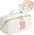 for Christmas Day Gifts, Makeup Bag for Women, PU Leather Travel Toiletry Bags, Initial Make Up Cosmetic Pouch for Teen Girls, Wide Open Portable Skincare Bag, Personalized Birthday Gifts, White B