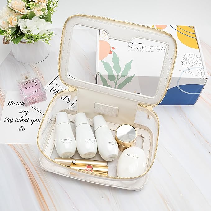 Aveniee Clear Makeup Bag, Large Transparent Cosmetic Pouch with Dual Zippers, Travel Toiletry Case Car Organization for Women Enssantials (Off-White)