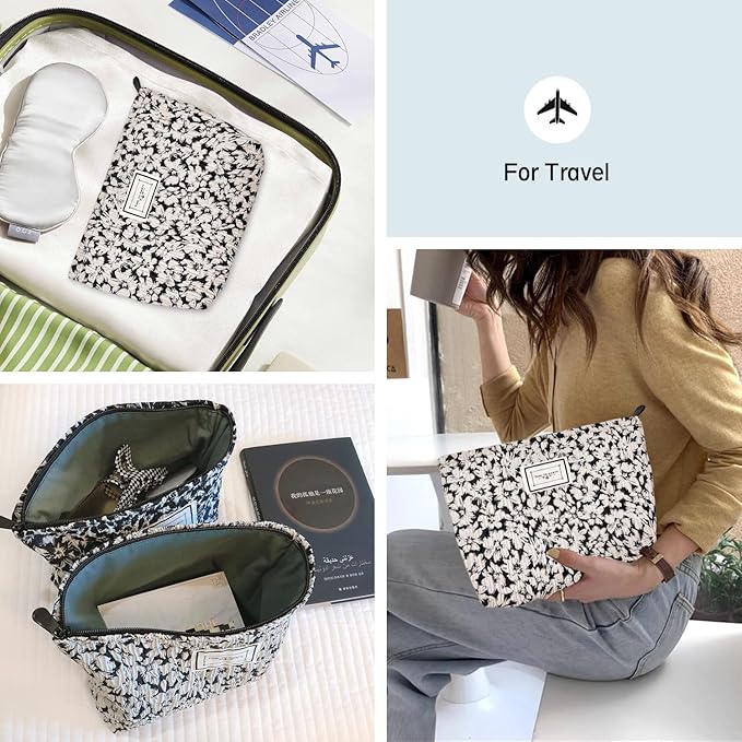 STARDW Aesthetic Floral Makeup Bag Cute Small Cosmetic Bags for Women Girls, Travel Toiletry Bag Large Capacity Zipper Makeup Pouch, Purse Organizer Pouches (White Flowers)
