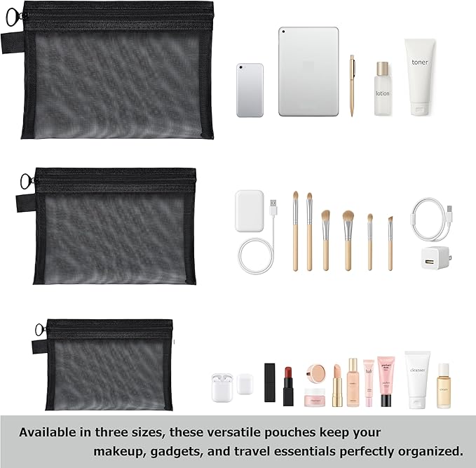 Quotidian Flat Clear Mesh Pencil Pouch Black Makeup Bag with Zipper Cosmetic Organizer 3-Size Pack of 9 - Travel Daily Use Home Storage Office