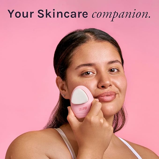LOLLIPOP Dual-Sided Facial Cleansing Brush | Palm Size Silicone Face Exfoliator and Soft Fiber Cleanser | Manual Face Scrubber for Pores, Makeup Removal, Blackhead and Skincare Routine, Bubblegum