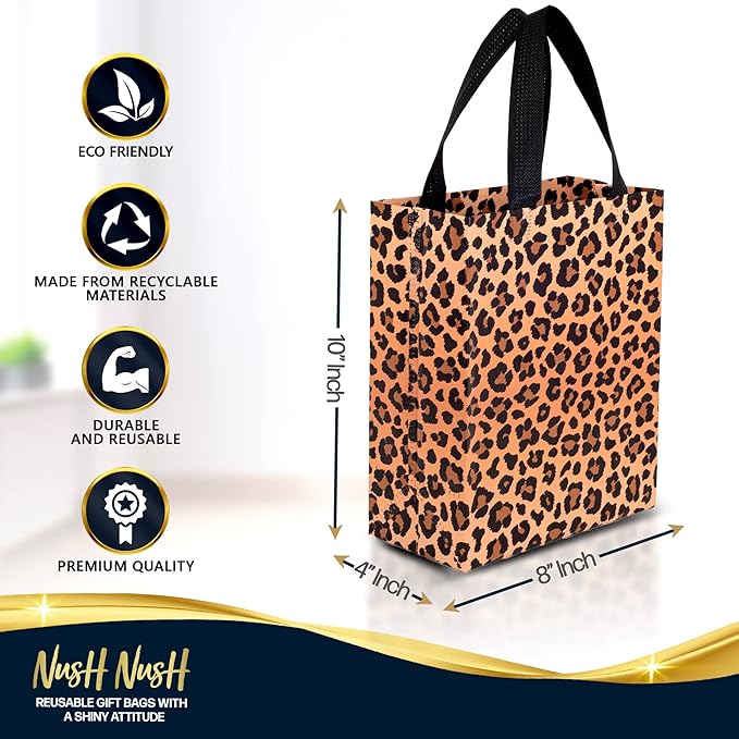 Nush Nush Leopard Gift Bags Medium Size– Set of 12 Cheetah Gift Bags With Handles - Reusable Goodie Bag for Animal Print Party, Safari Party Favors, Jungle Theme Birthday - 8x4x10 Size